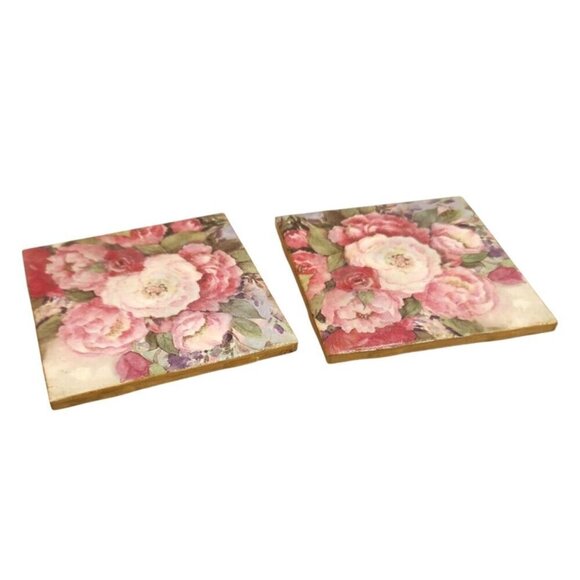 Handcrafted Pink Garden Rose Floral Ceramic Coasters With Cork Backing set of 2, - Picture 2 of 6